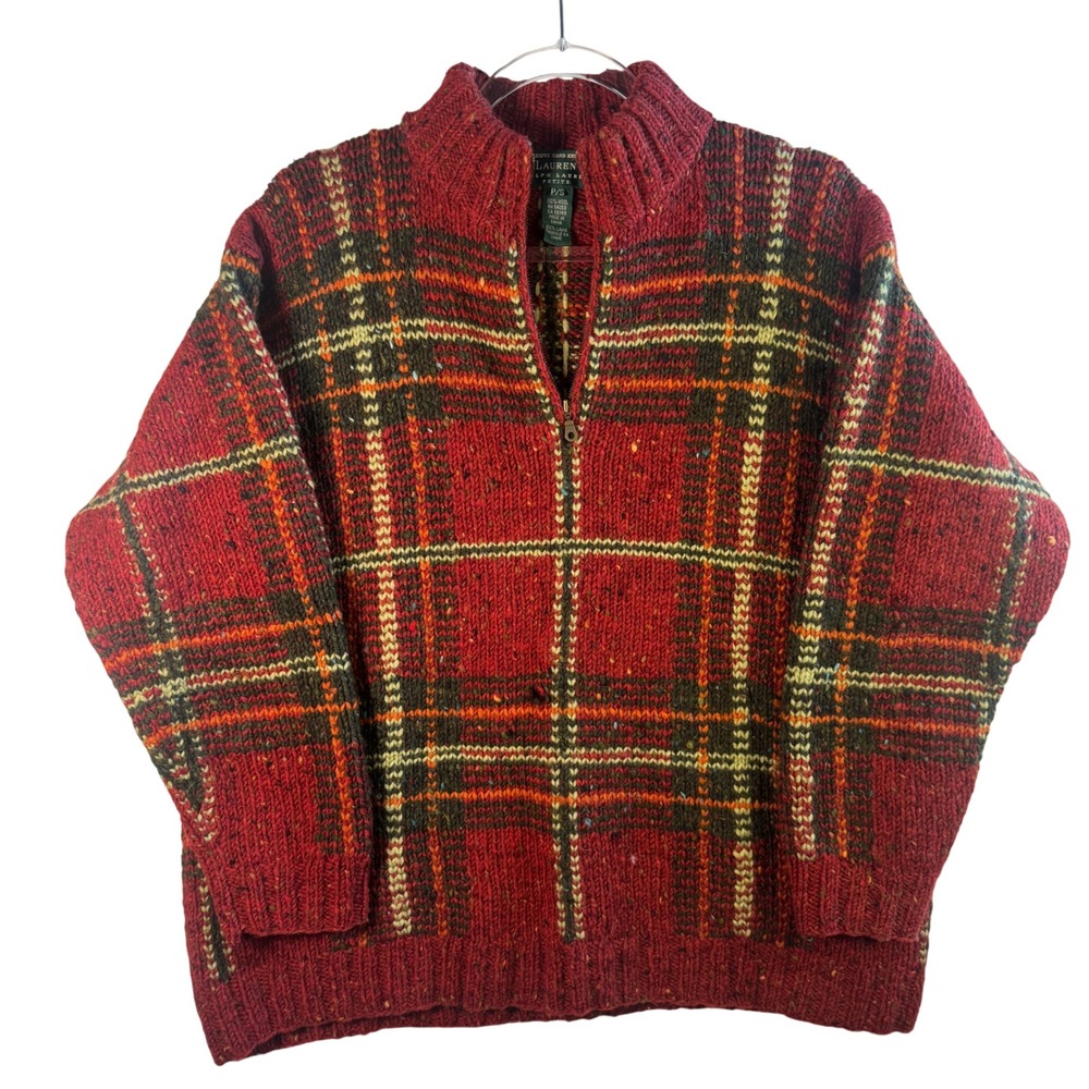 LRL Ralph Lauren Sweater Hand Knit Wool Red Plaid Quarter Zip Petite Small PS